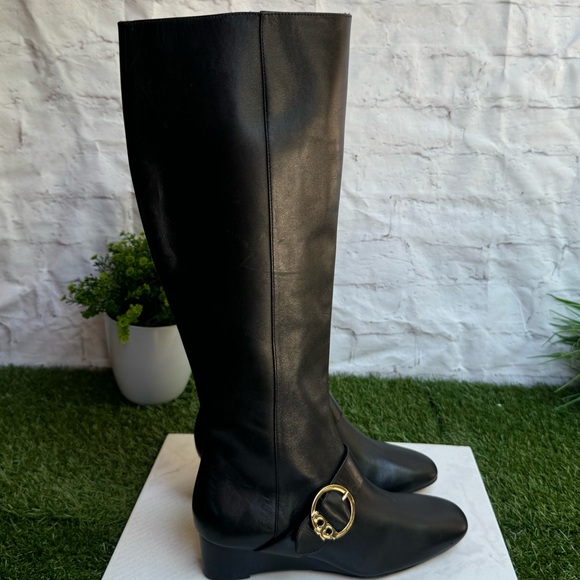 TORY BURCH Sofia Black Leather Knee-High Tall Wedge Boots Size 5 Riding boots - Picture 7 of 11